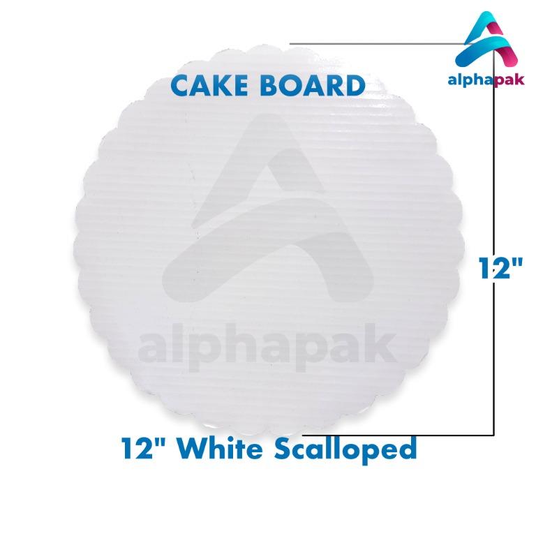 Cake Board 12 inch White Round Scallop (Category: Homemade Bakes) located in Mandaluyong City. Submitted by alphapak (Listing ID 1172623730, Image 1). Description: - Used to support bottom of Cake - Sold in sets of 10pcs - Plastic laminated - Food Grade Material - Size: 12 inches - Board Style: Round, Scalloped - Color: White This cake trays comes in 12" diameter, ideal for presenting most big sized cakes and making them look presentable and deli