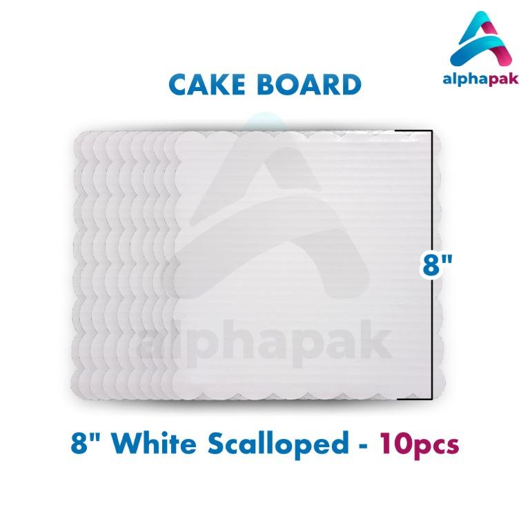 Cake Board 8 inch White Square Scalloped (10pcs) (Category: Homemade Bakes) located in Mandaluyong City. Submitted by alphapak (Listing ID 1172622759, Image 2). Description: - Used to support bottom of Cake - Sold in sets of 10pcs - Plastic laminated - Food Grade Material - Size: 8 inches - Board Style: Square, Scalloped - Color: White This cake trays comes in 8" width, ideal for presenting most small sized cakes and making them look presentable 