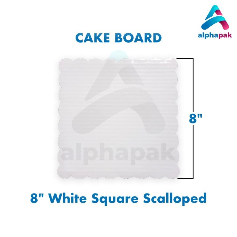Cake Board 8 inch White Square Scalloped (10pcs) (Category: Homemade Bakes) located in Mandaluyong City. Submitted by alphapak (Listing ID 1172622759, Image 1). Description: - Used to support bottom of Cake - Sold in sets of 10pcs - Plastic laminated - Food Grade Material - Size: 8 inches - Board Style: Square, Scalloped - Color: White This cake trays comes in 8" width, ideal for presenting most small sized cakes and making them look presentable 