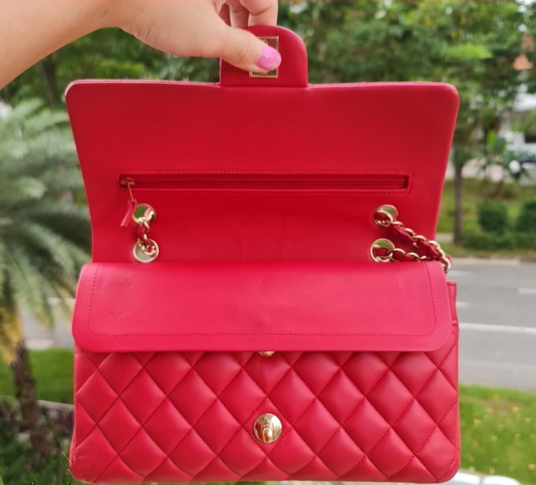 CHANEL CF Classic Flap Bag Quilted Medium GHW Fuchsia Pink Red