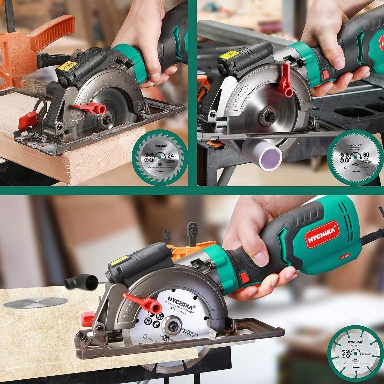 Circular Saw, HYCHIKA 6.2A Electric Mini Circular Saw, Laser Guide, Blades  (4-1/2”), Max Cutting Depth 1-11/16'' (90°), Rubber Handle, 10 Feet Cord,  Ideal for Wood Soft Metal Tile Plastic Cuts, Furniture