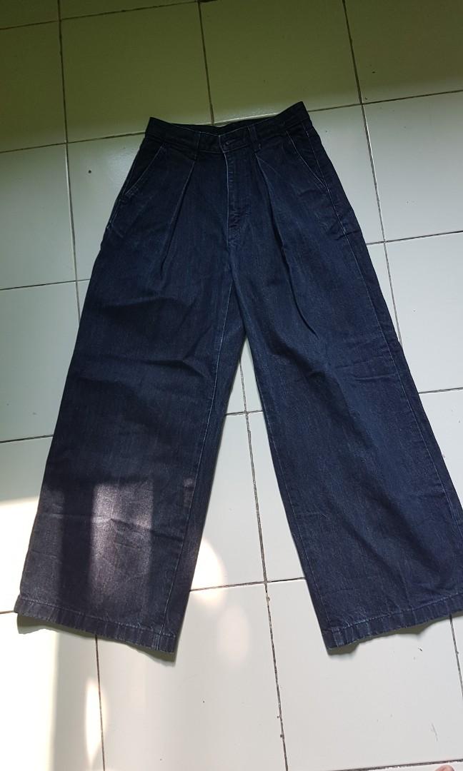 GU UNIQLO Kulot Jeans Tebal Celana Jeans Wide Leg Tebal Celana Kulot