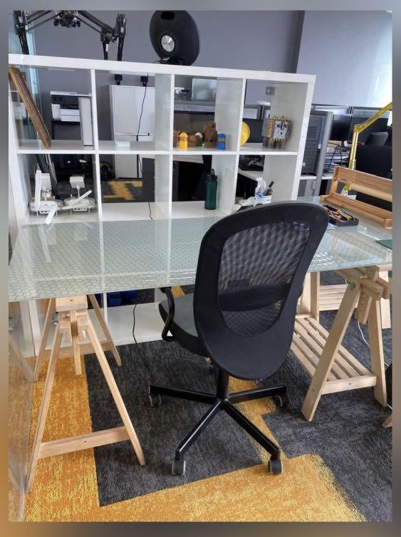 Ikea glass table and two adjustable wood legs, Furniture & Home Living