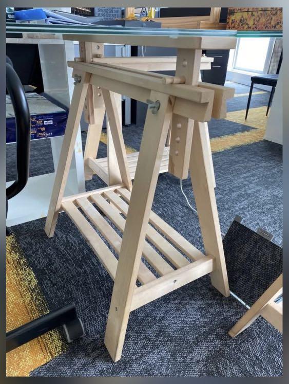 Ikea glass table and two adjustable wood legs, Furniture & Home Living