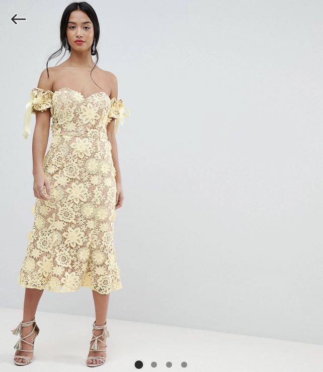Jarlo White All Over Cutwork Lace Bardot Midi Dress With Tie