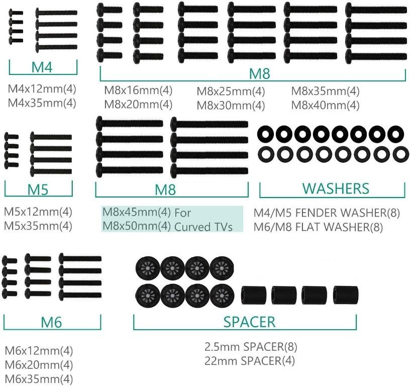 Suptek Tv Bracket Screw, Tv Screws Set, M4 M5 M6 M8 Television Screws And Spacers For Most Tvs