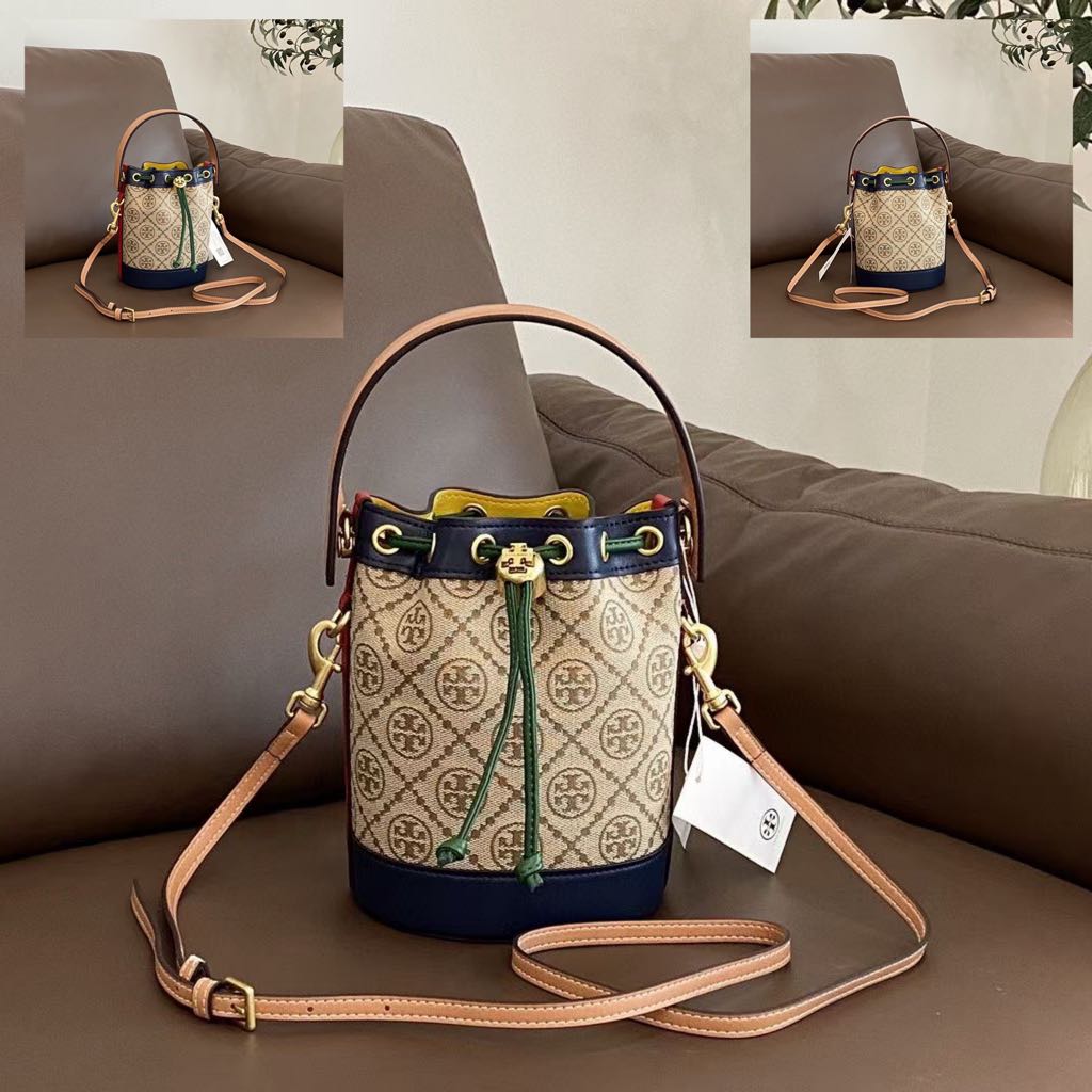 TORY BURCH T Monogram Color-Block Jacquard Mini Bucket Bag 140040 Hazelnut  Midnight, Women's Fashion, Bags & Wallets, Cross-body Bags on Carousell