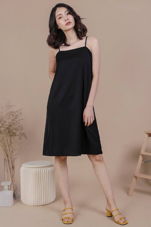 Krista Asymmetrical Strap Midi Dress (Black)