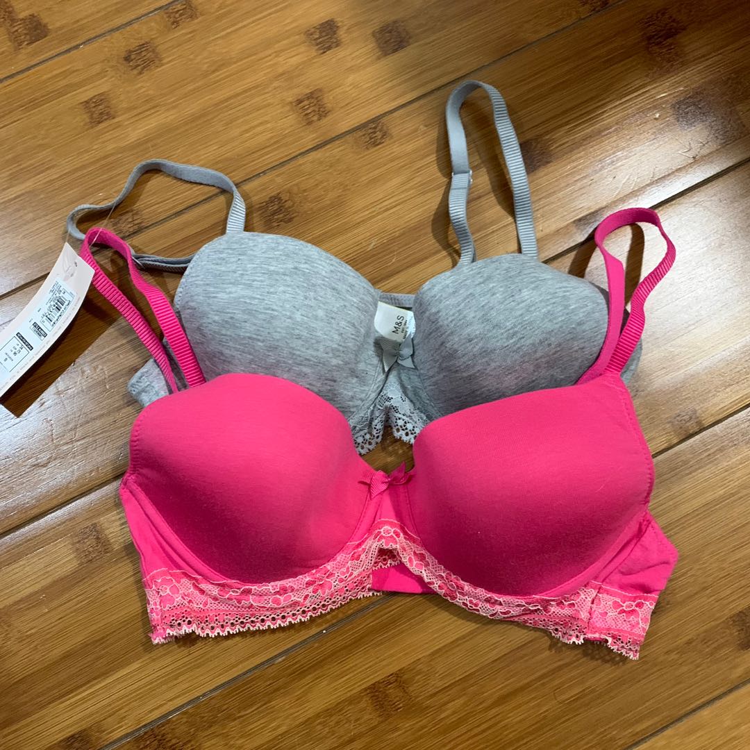 BNWT Marks & Spencer Pair Set of Pink & Grey Lace Trimmed Plunge Cotton Bra