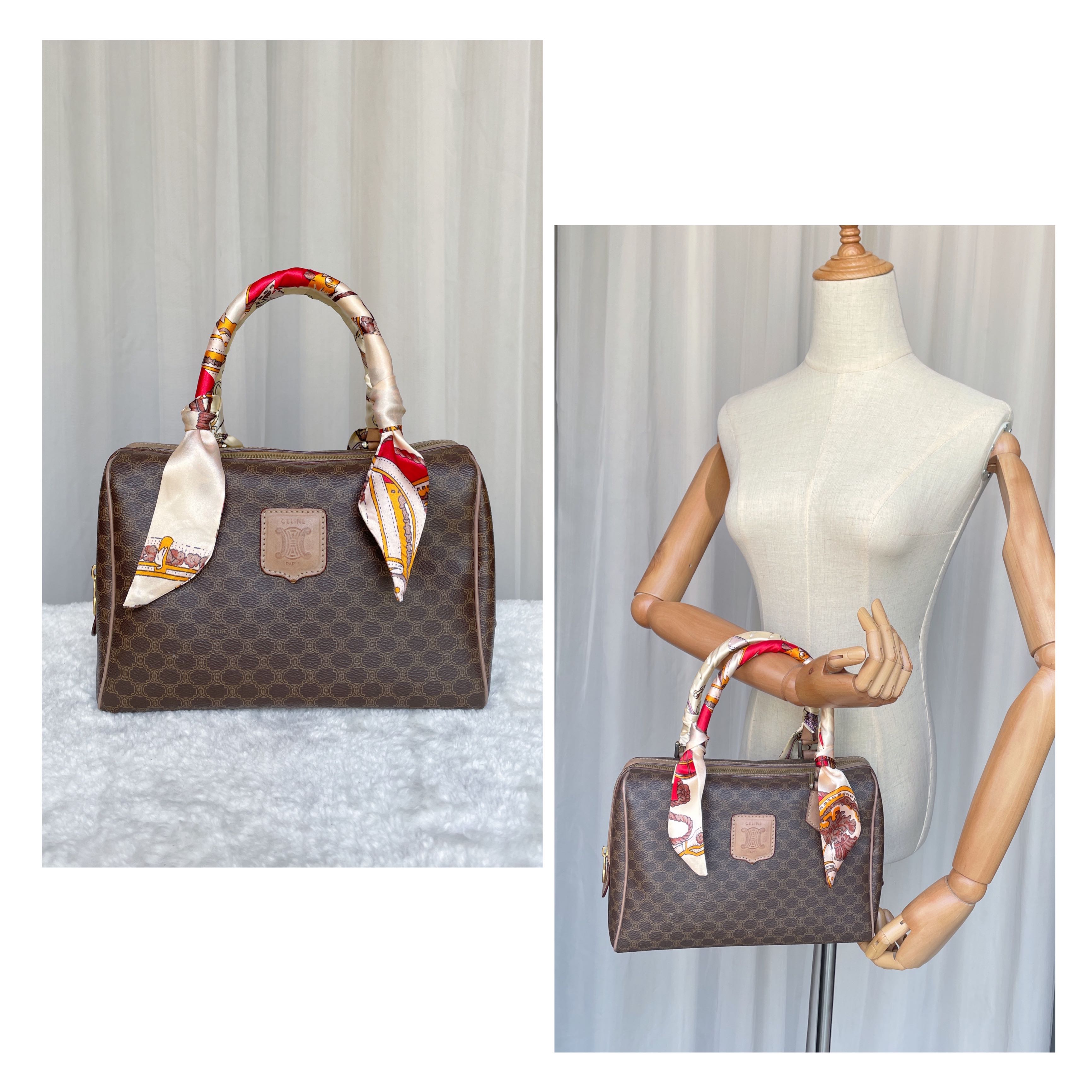 Celine Vintage Macadam Mini Boston Bag Handbag Brown Dark Pvc