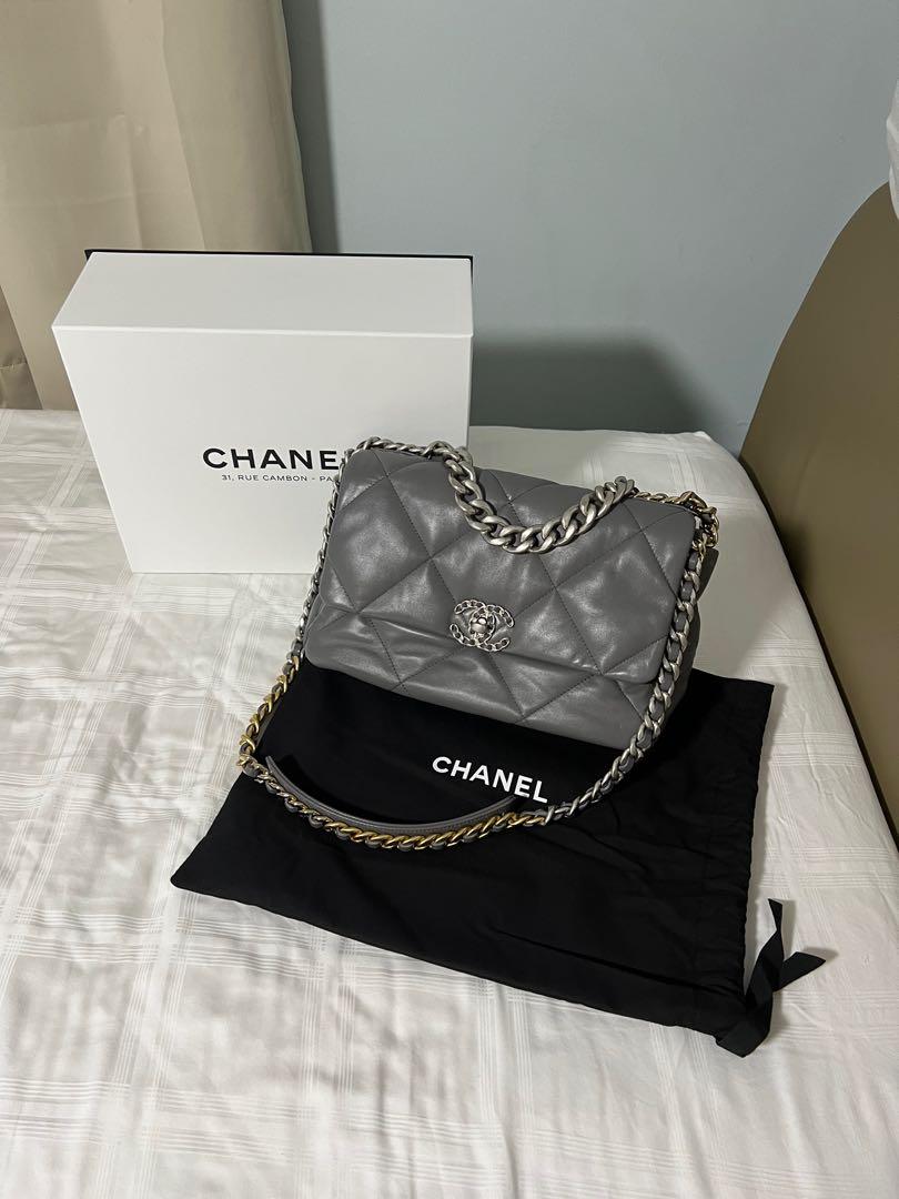 Chanel 19 large handbag, Shiny lambskin, gold-tone, silver-tone