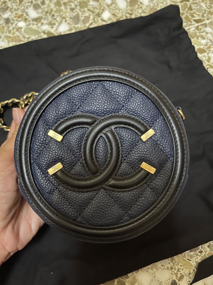 Chanel Caviar Leather CC Filigree Round Clutch with Chain, Chanel Handbags