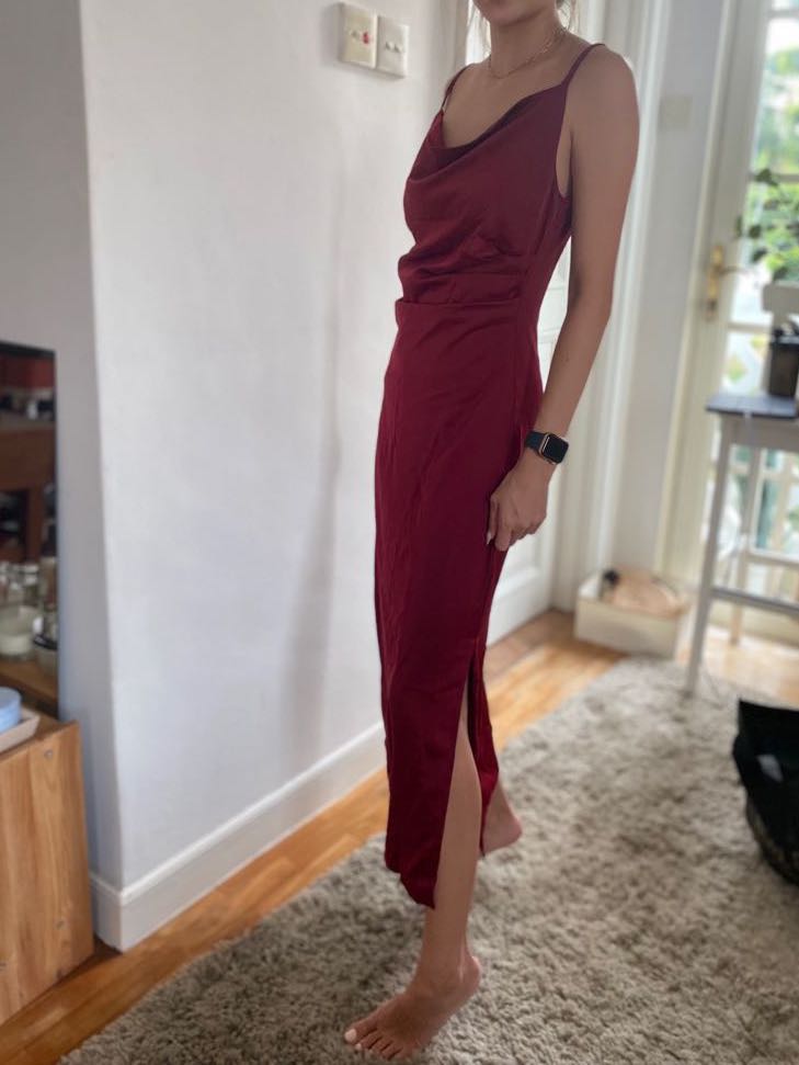 Red silk outlet cowl neck dress