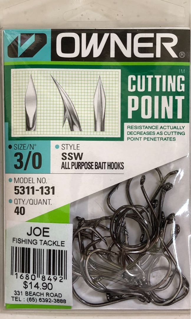 Owner Cutting Point SSW All purpose bait hooks size 3/0, Sports Equipment,  Fishing on Carousell