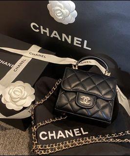全新 購自專門店 Chanel Mini Clutch with Chain Mini Bag with top handle 手柄小盒子 小廢包 Dark Black x GHW 黑色 淡金扣 內附鏡 羊皮
