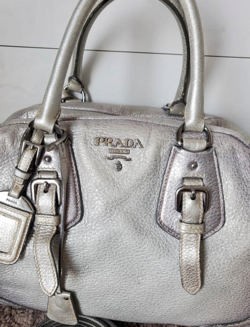 Prada Metallic Silver Cervo Antik Leather Bauletto Bag Prada