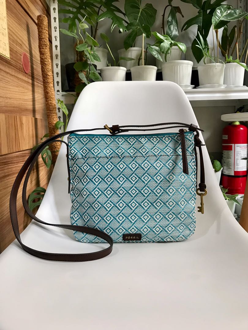 Authentic Fossil Fiona Turquoise Woven Canvas Brown Leather Crossbody ...