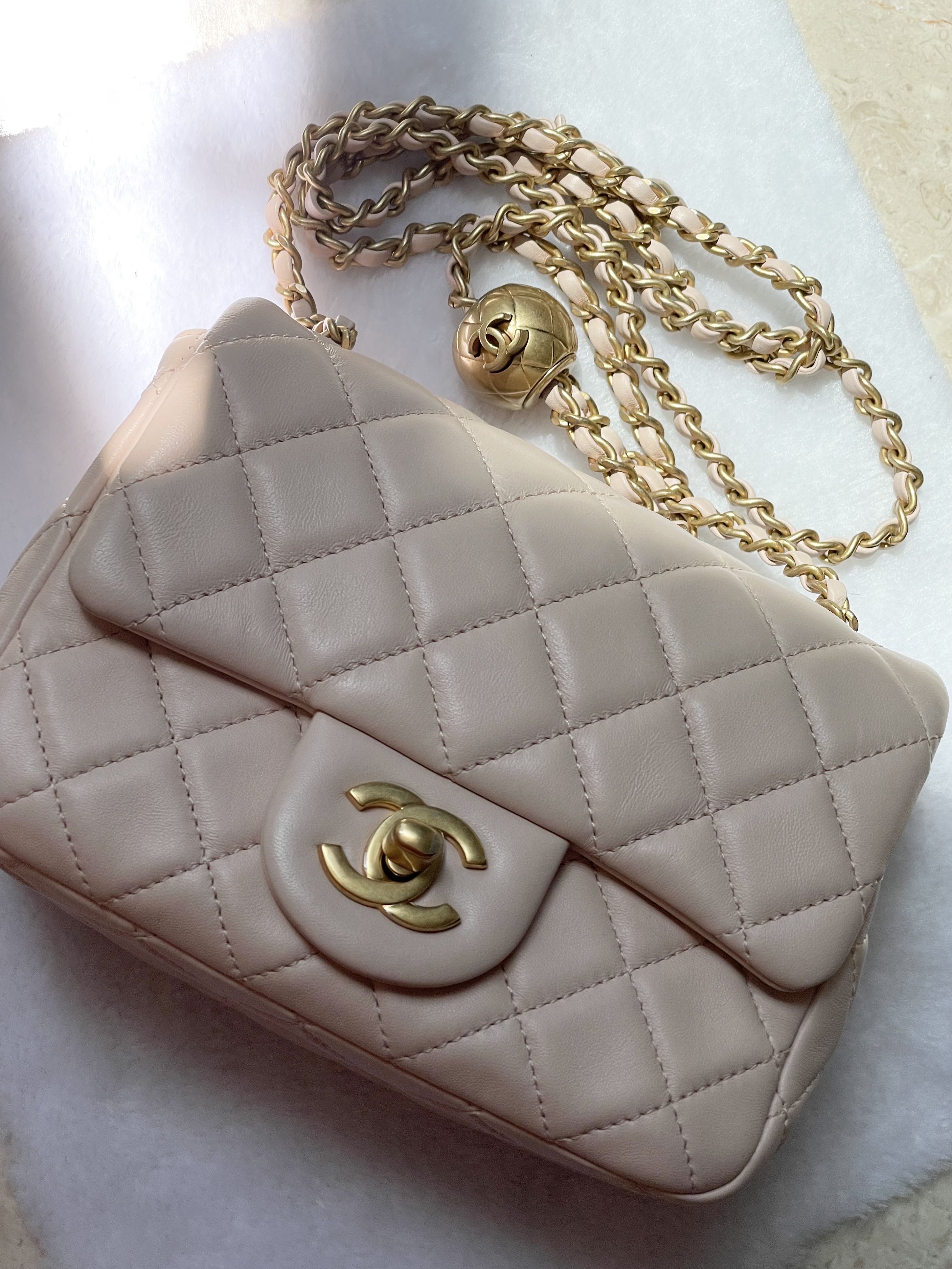 Chanel 22C Pearl Crush Square Mini (Beige), Luxury, Bags & Wallets on  Carousell