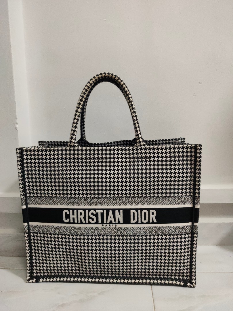 Christian Dior Book Tote Houndstooth Canvas Small Black Print White  eBay