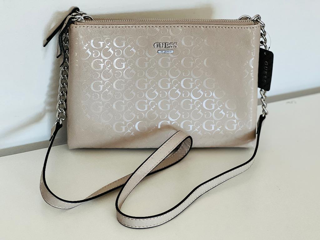 GUESS KALEI MINI STONE BEIGE BROWN DOUBLE ZIP CROSSBODY SLING MESSENGER