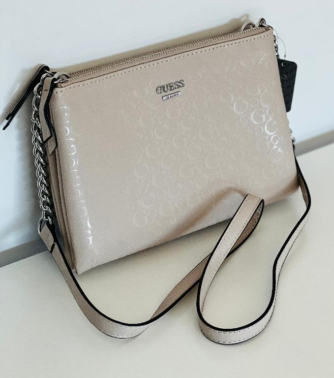 GUESS KALEI MINI STONE BEIGE BROWN DOUBLE ZIP CROSSBODY SLING MESSENGER