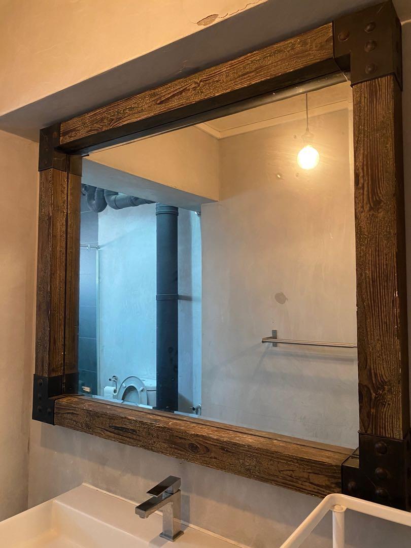 Industrial wood effect mirror, Furniture & Home Living, Home Decor