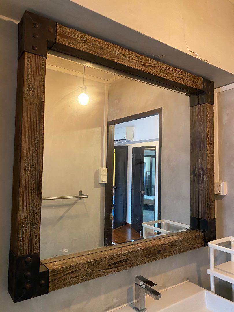Industrial wood effect mirror, Furniture & Home Living, Home Decor