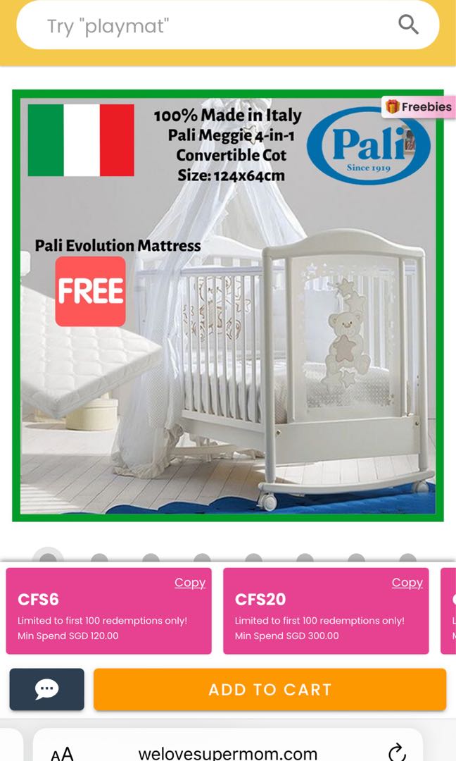 Pali Italian 4 in 1 Convertible Baby Cot with Rocker FREE Pali Evolution Mattress