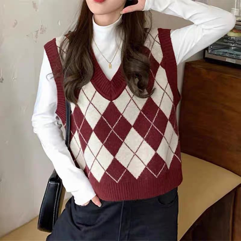 Red Plaid Checkered Knitted Korean Vest Women s Fashion Tops