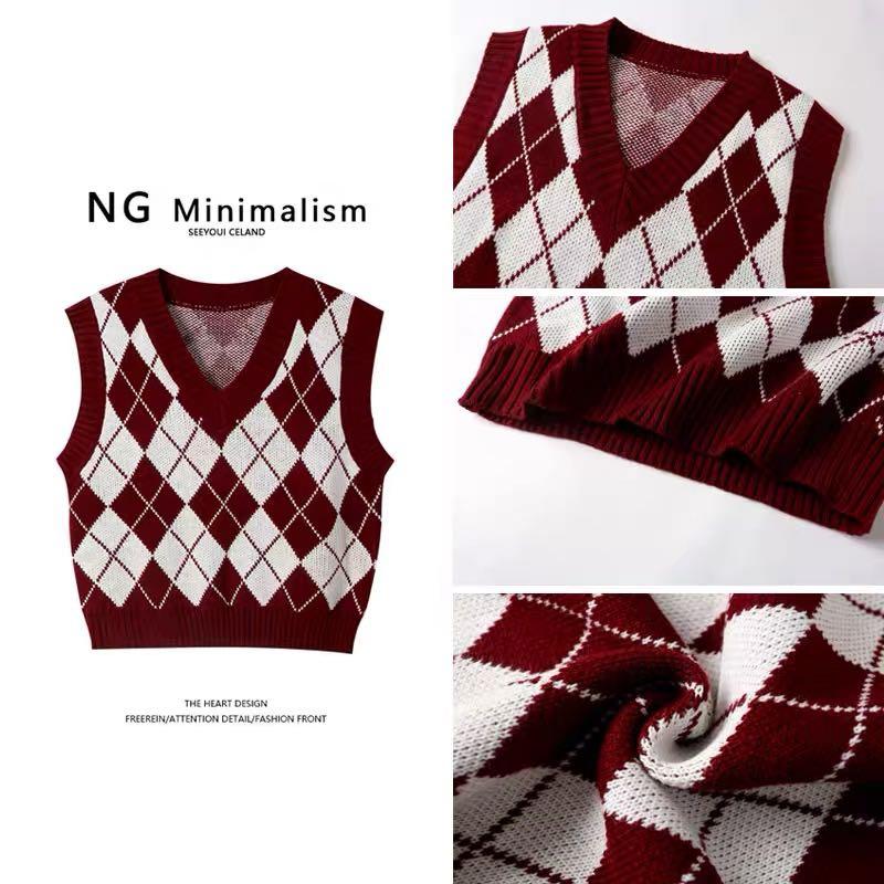 Red Plaid Checkered Knitted Korean Vest