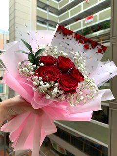 Red Roses Baby's Breath/Flower Bouquet/ Birthday/Anniversary/ Graduation/Proposal/ 七夕/Free Delivery