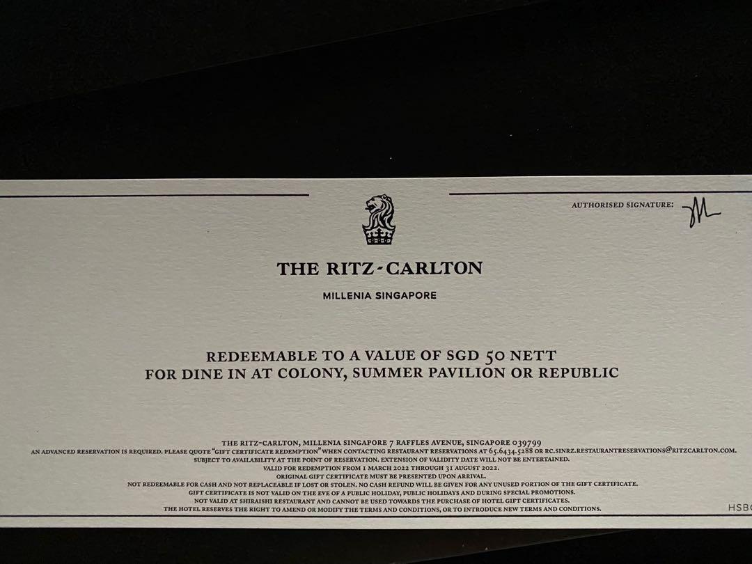 Ritz Carlton Dining Vouchers, Tickets &amp; Vouchers, Vouchers on Carousell