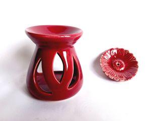 Small oil burner & incense stick holder set, ceramic, 3 in. H burner & 2.25 in. diameter holder, never used