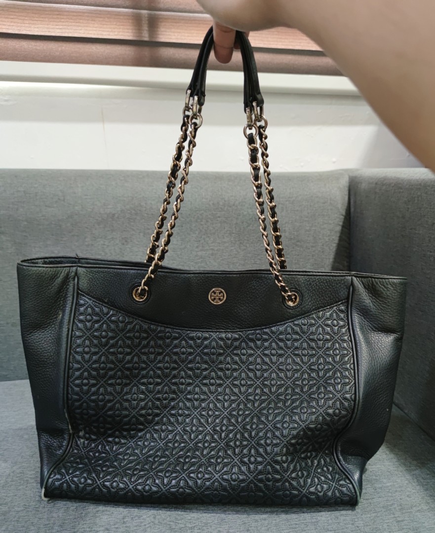 Tory Burch Bag Original Black Quilted Leather Fleming Tote, Luxury