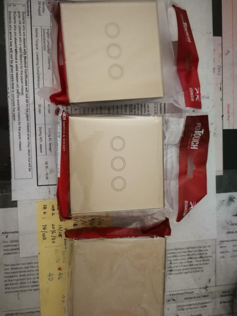 Touch screen switch (Category: Electrical, Adaptors & Sockets) located in Singapore. Submitted by ms3887 (Listing ID 1173011121, Image 1). Description: 3pcs of 3 gang 1 way touch screen switch . tested and good condition ..