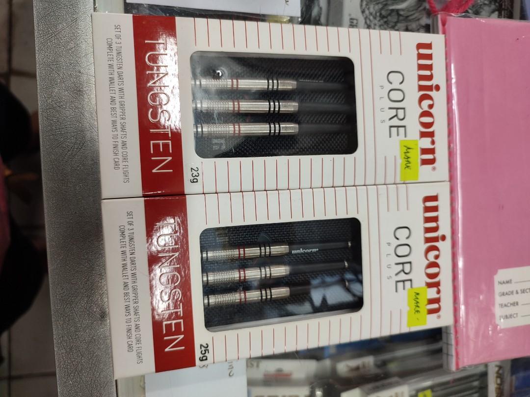 Unicorn Dartpin (Category: Other Sports Equipment and Supplies) located in Manila. Submitted by min_yoongi (Listing ID 1172992300, Image 1). Description: BRAND NEW ✓ UNICORN DARTPIN TUNGSTEN Core Plus Weight: -23g & 25g Set of 3 Tungsten Darts with gripper shafts and core flights Complete with wallet and best ways to finish card Pm for inquiries..