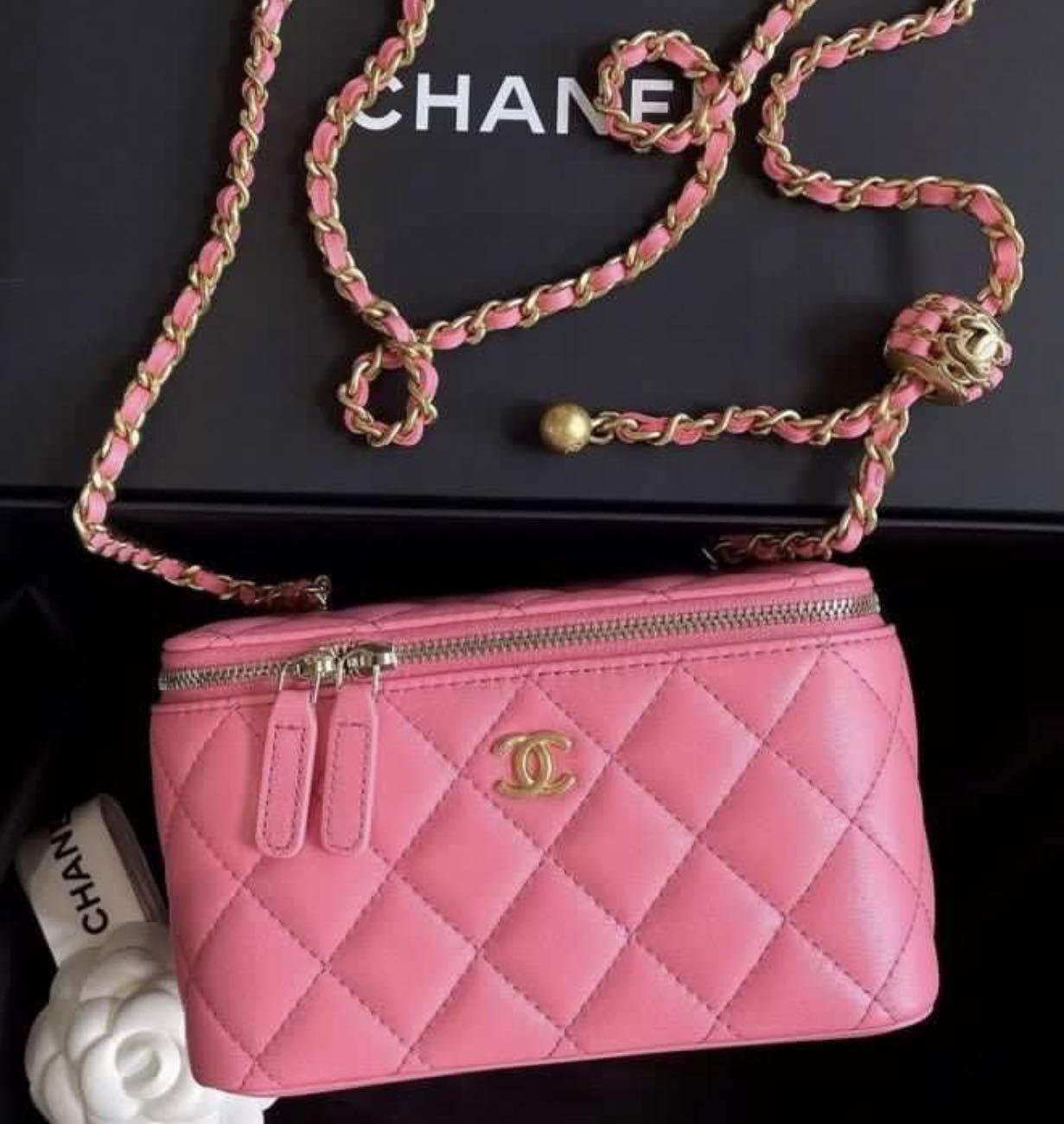🆕 AUTHENTIC CHANEL VANITY RECTANGLE PEARL CRUSH PINK LAMBSKIN IN MATTE  GOLD HARDWARE