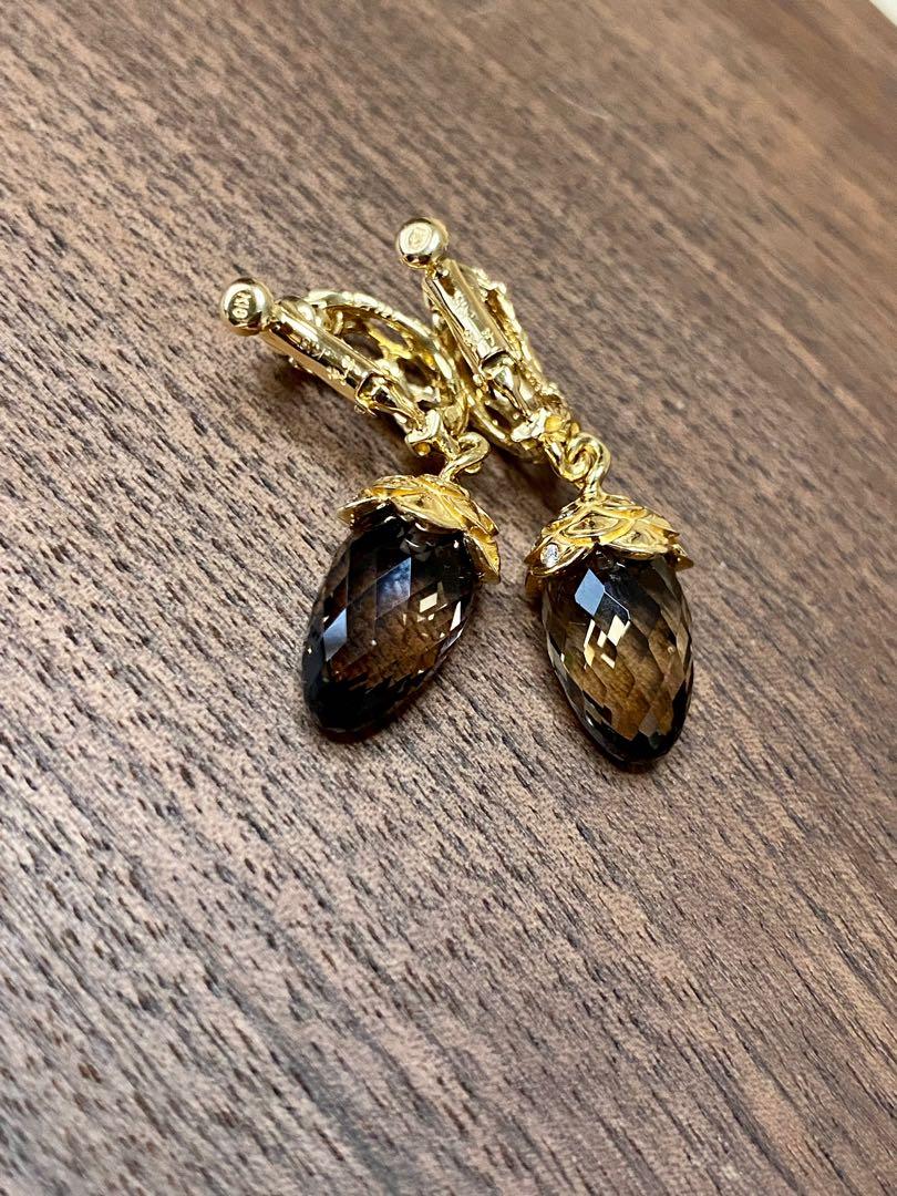 Kaoluco Mizuno Japan 18K Yellow Gold 750 Diamond Smokey Quartz Earring Ear Clip Chestnut