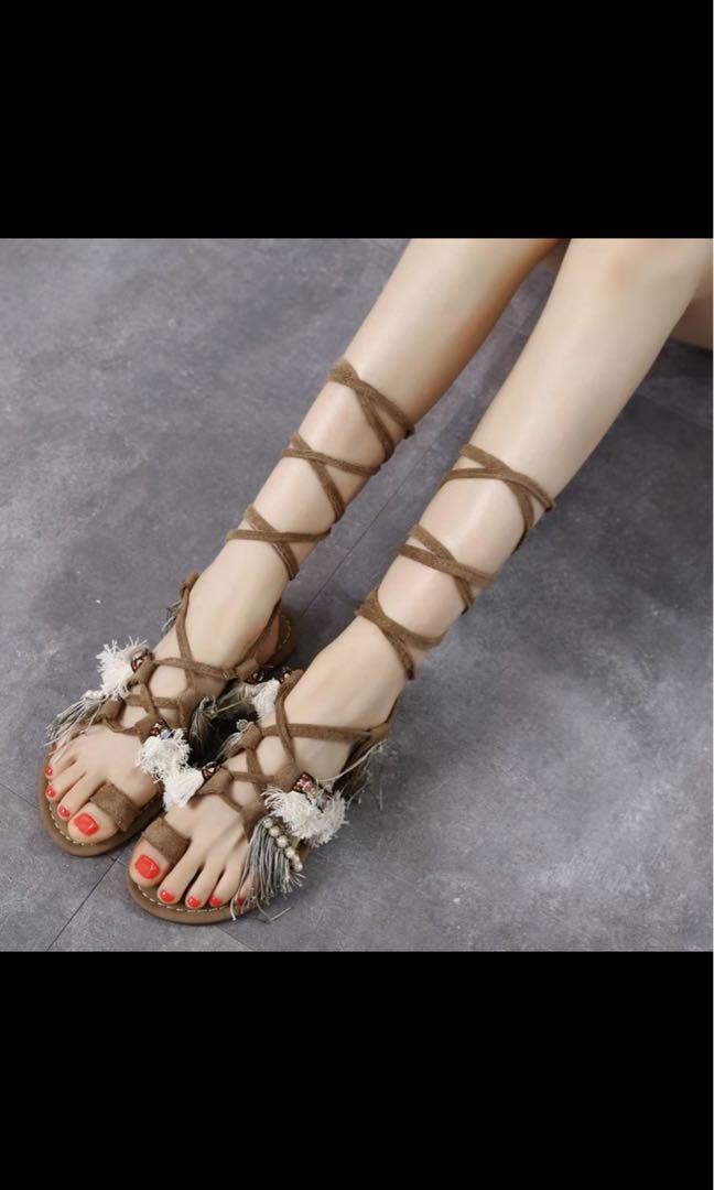 Fringe lace online up sandals