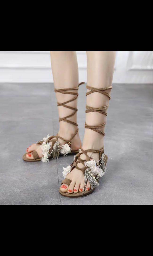 Fringe lace up flat sandals outlet