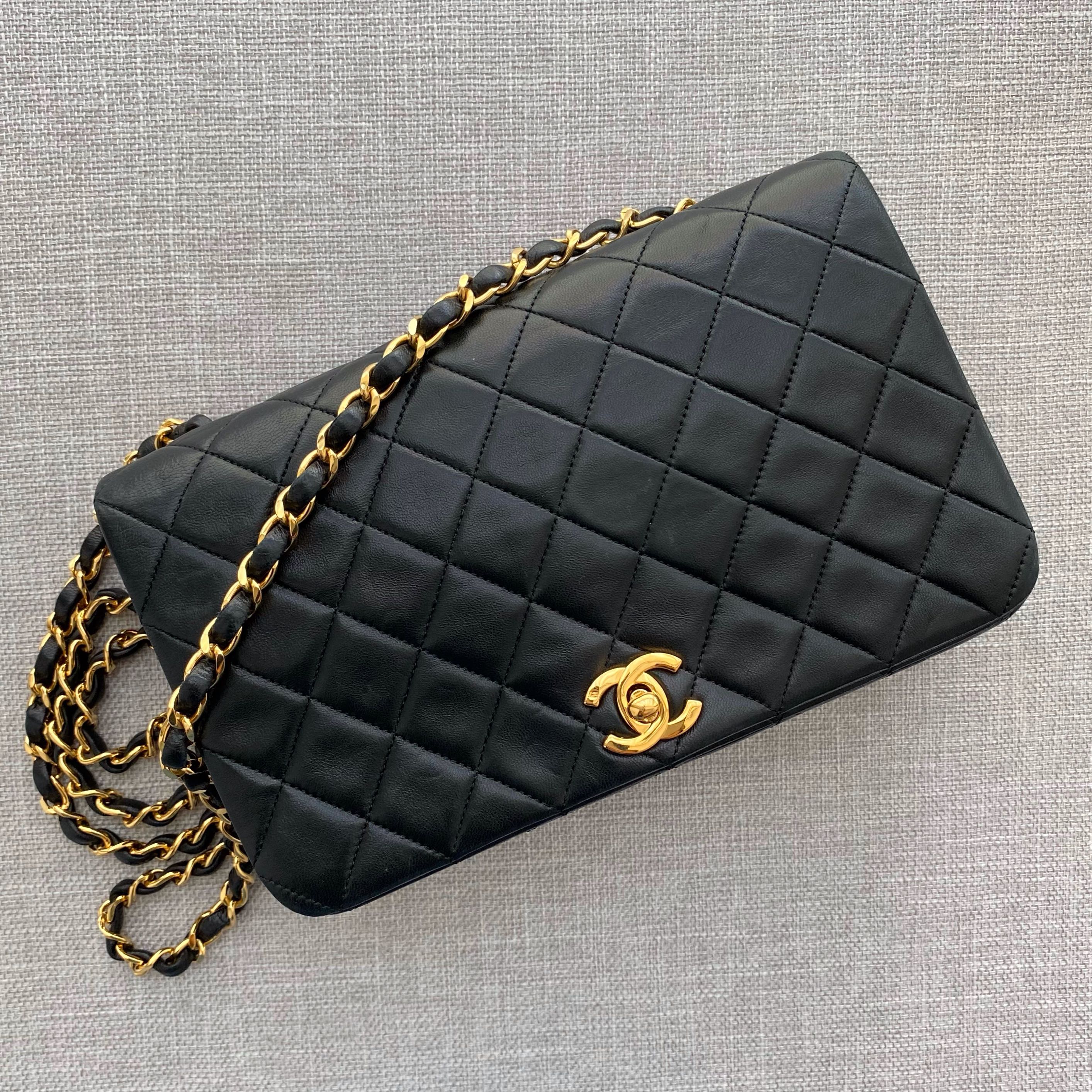 Chanel Vintage Full Flap Black Quilted Lambskin Shoulder Bag, Luxury, Bags  & Wallets on Carousell