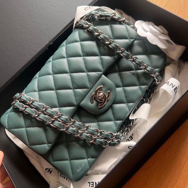 Buy Green Iridescent Lambskin Quilted Classic Flap Medium SHW | Luxury Pre-owned Chanel Handbags