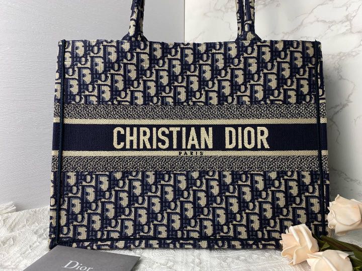 Large Dior Book Tote Chocolate Brown and Black Toile de Jouy Embroidery (42  x 35 x 18.5 cm)