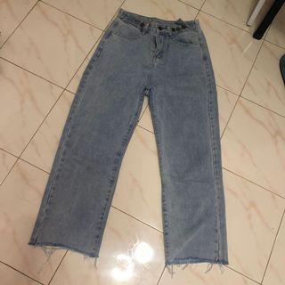 Korean Jeans Adjustable Button Unfinished Baggy Cullote  Blue Celana