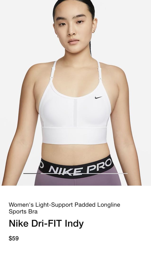 4 off) Nike white sports bra w padding size M * NEW w tag * UP $59 * MOVING  OUT SALE*, Women's Fashion, Activewear on Carousell
