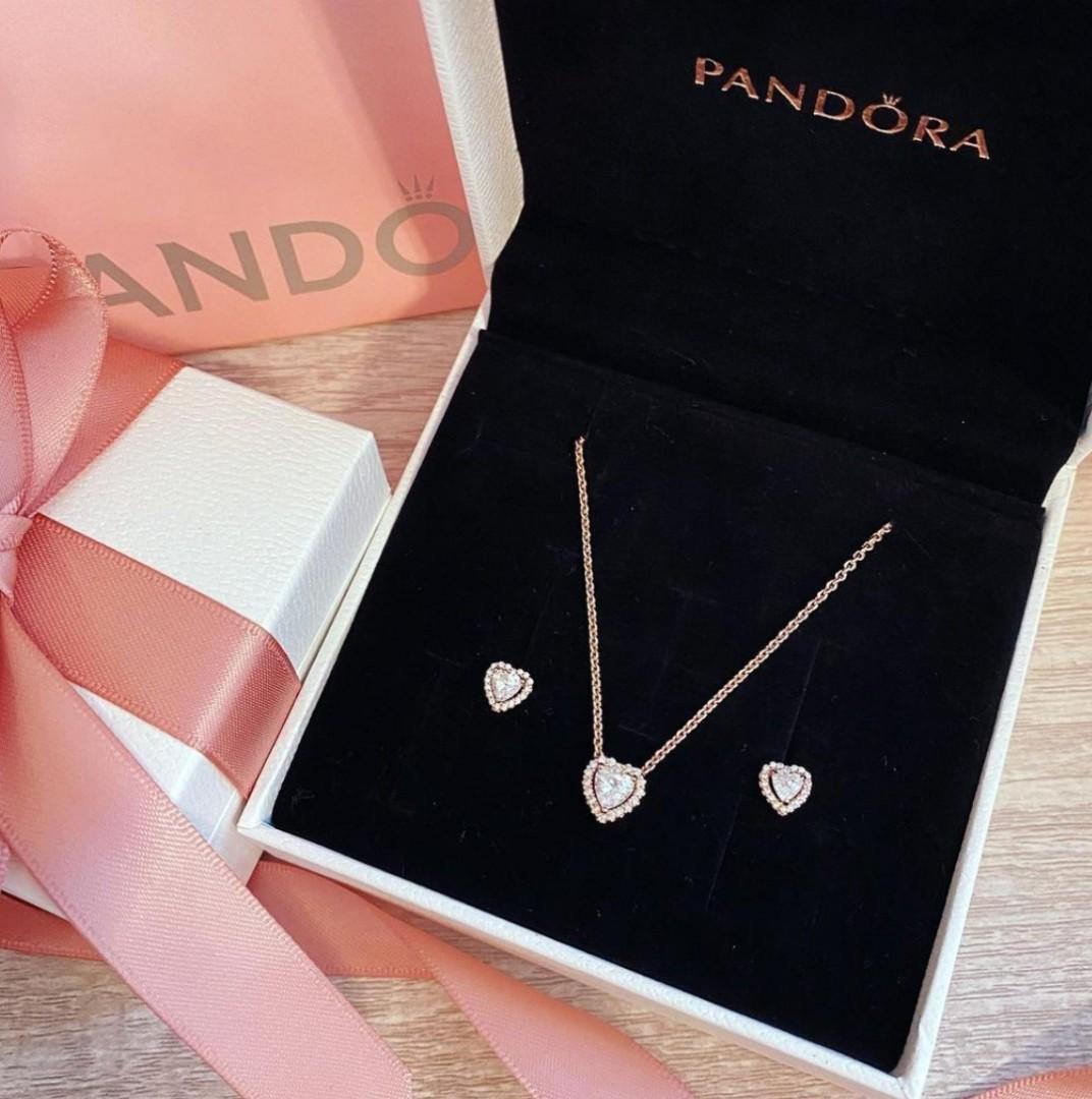 Pandora elevated heart rosegold set of earrings and necklace