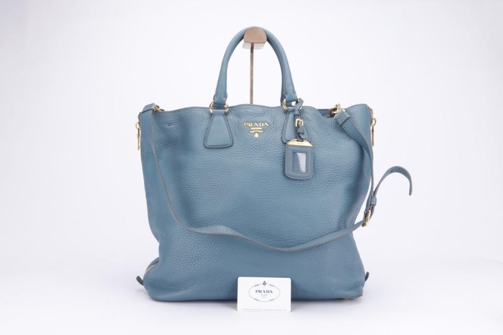 Prada BN2419 Marine Vitello Daino Leather Large Shopping Tote Bag