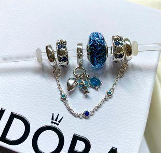 SALE🌈 PANDORA TRIPLE BLUE STONE SAFETY CHAIN 1400 , TROPICAL STARFISH AND SHELL CLIP CHARMS  1800 for 2 , Murano blue ocean 980