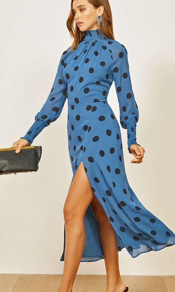 reformation blue polka dot dress