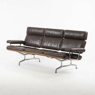 1980's Vintage Eames Herman Miller Three Seater Sofa Walnut and Brown Leather